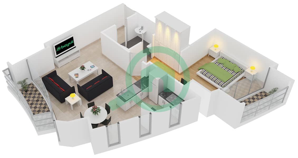 المخططات الطابقية لتصميم النموذج 1H شقة 1 غرفة نوم - كمبينسكي سنترال أفينيو دبي interactive3D