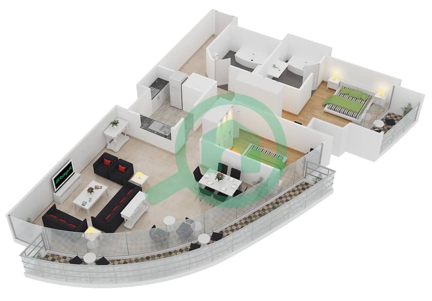 المخططات الطابقية لتصميم النموذج 2 شقة 2 غرفة نوم - كمبينسكي سنترال أفينيو دبي interactive3D