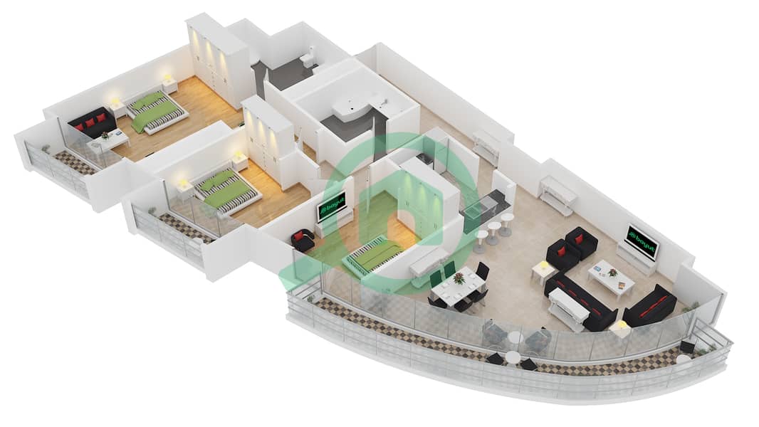 Kempinski Central Avenue Dubai - 3 Bedroom Apartment Type 3 Floor plan interactive3D