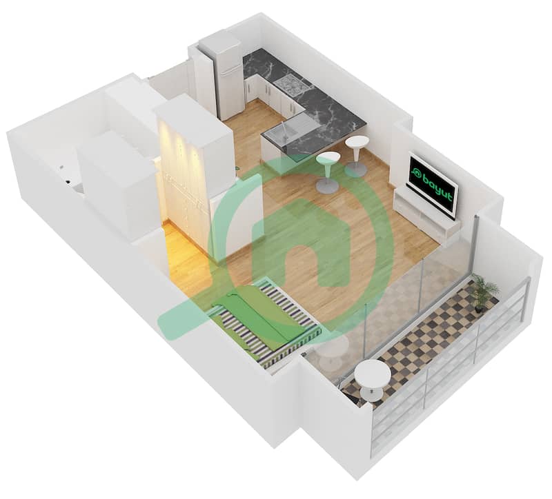 迪拜谦恭购物中心 - 单身公寓类型S2戶型图 interactive3D
