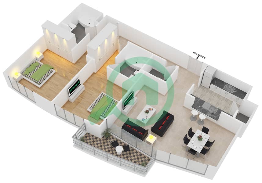 المخططات الطابقية لتصميم التصميم 2 FLOOR 30 شقة 2 غرفة نوم - ذا لوفتس ويست interactive3D