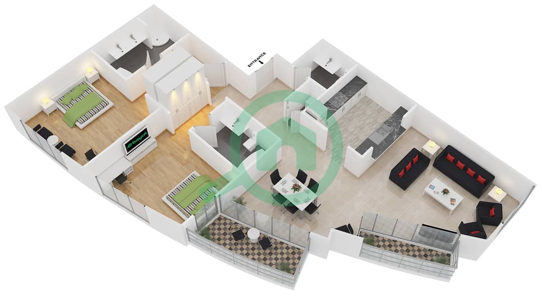 Loft西楼 - 2 卧室公寓套房1 FLOOR 1-29戶型图 interactive3D