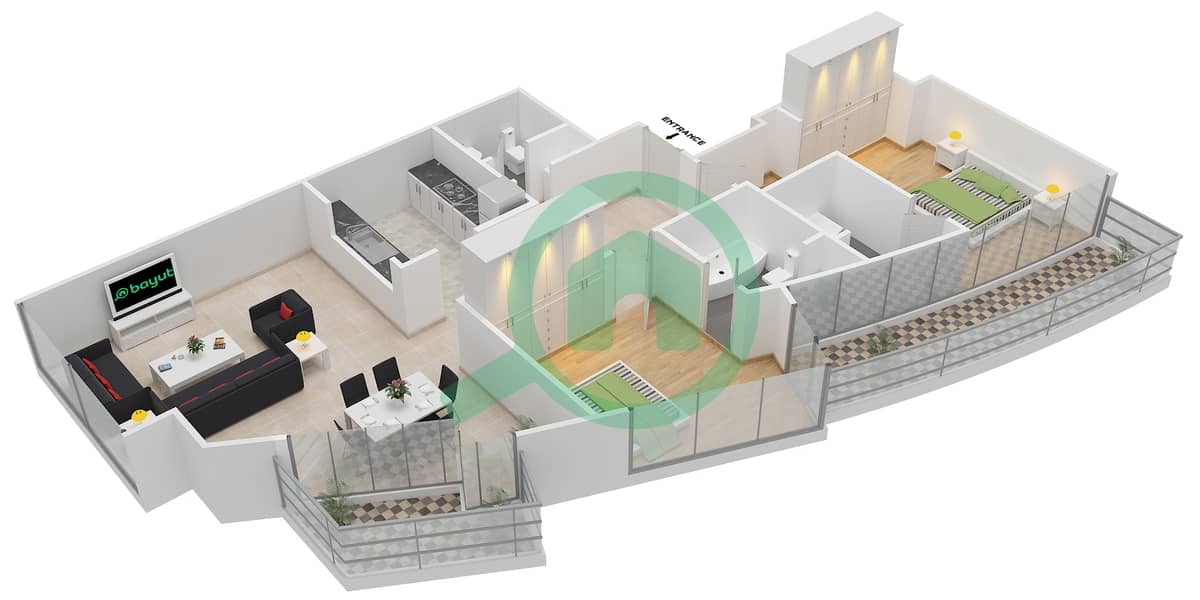 المخططات الطابقية لتصميم التصميم 4 شقة 2 غرفة نوم - ذا لوفتس ويست interactive3D