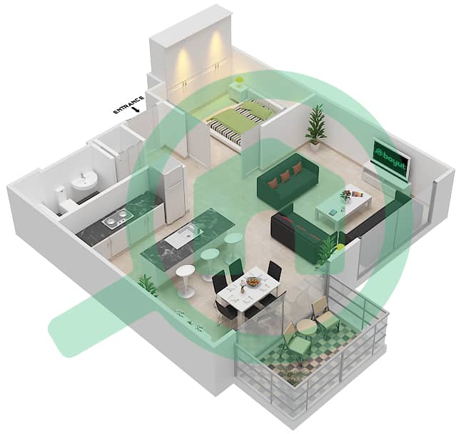 The Lofts Podium - 1 Bedroom Apartment Suite 328 Floor plan interactive3D