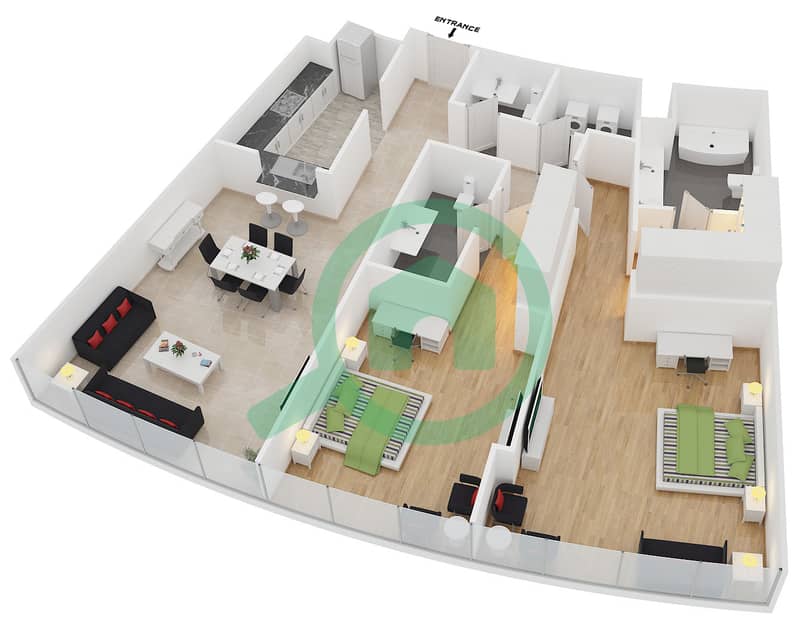Опера Гранд - Апартамент 2 Cпальни планировка Тип F FLOOR 20-29 interactive3D