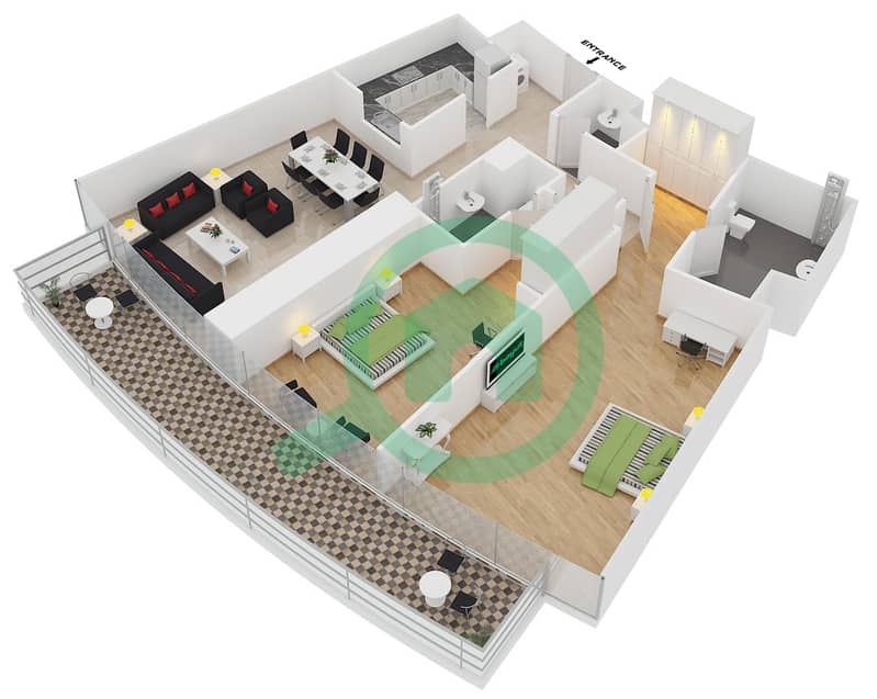 Опера Гранд - Апартамент 2 Cпальни планировка Тип B FLOOR 4-17 interactive3D