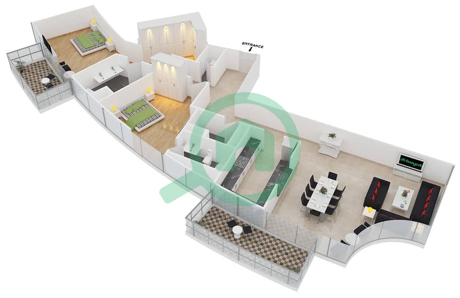 Опера Гранд - Апартамент 2 Cпальни планировка Тип D FLOOR 4-17 interactive3D