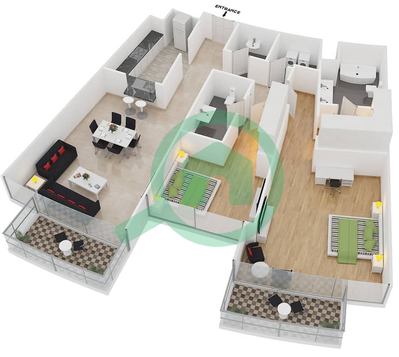 Опера Гранд - Апартамент 2 Cпальни планировка Тип H FLOOR 31-42 interactive3D