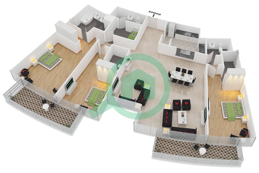 Опера Гранд - Апартамент 3 Cпальни планировка Тип A FLOOR 4-17 interactive3D