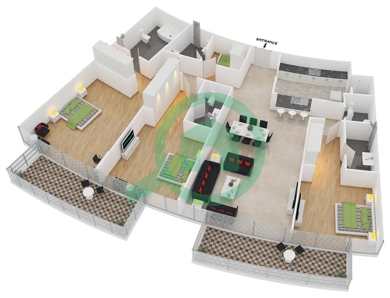 Опера Гранд - Апартамент 3 Cпальни планировка Тип B FLOOR 20-42 interactive3D