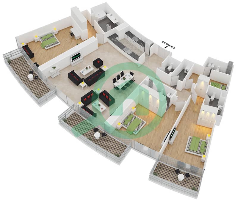 Опера Гранд - Апартамент 3 Cпальни планировка Тип D FLOOR 45-54 interactive3D