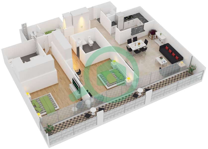 المخططات الطابقية لتصميم النموذج / الوحدة A2/03 شقة 2 غرفة نوم - ذا ستيرلينغ ايست interactive3D