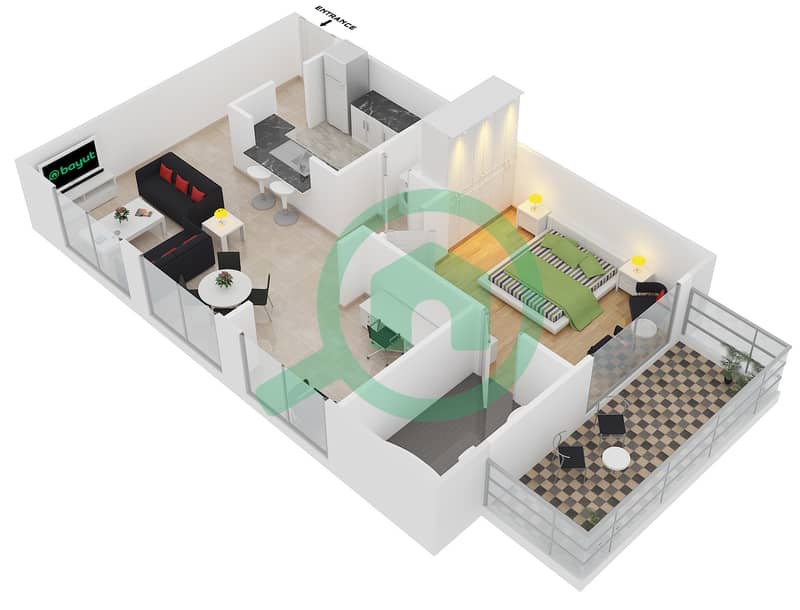 Кларен Тауэр 1 - Апартамент 1 Спальня планировка Гарнитур, анфилиада комнат, апартаменты, подходящий 1 FLOOR 1 interactive3D