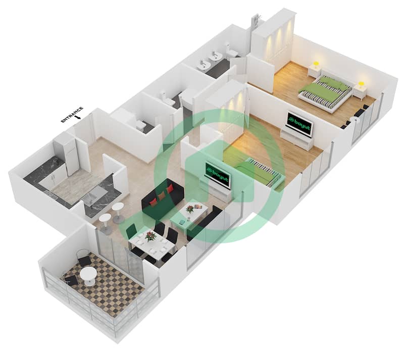 المخططات الطابقية لتصميم التصميم 5 FLOOR 3-16 شقة 2 غرفة نوم - أبراج كلارين 1 interactive3D