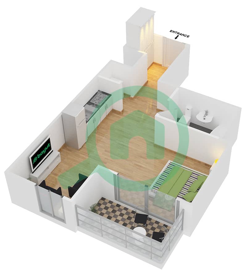 Кларен Тауэр 1 - Апартамент Студия планировка Гарнитур, анфилиада комнат, апартаменты, подходящий 2 FLOOR 2-16 interactive3D