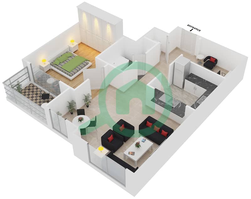 克拉伦1号大厦 - 1 卧室公寓套房3 FLOOR 2-16戶型图 interactive3D