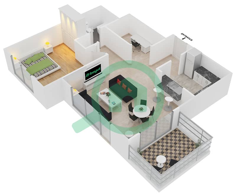 المخططات الطابقية لتصميم التصميم 4 FLOOR 3-16 شقة 1 غرفة نوم - أبراج كلارين 1 interactive3D