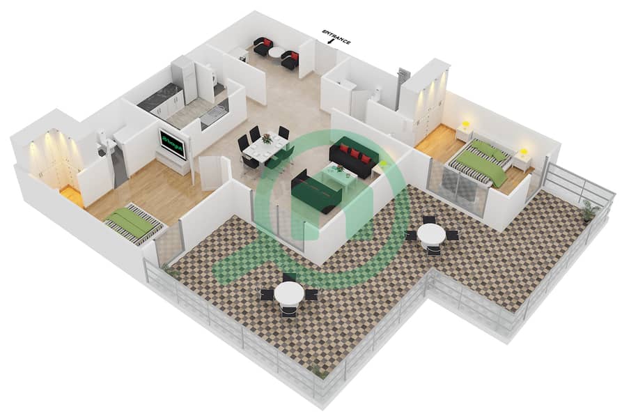 المخططات الطابقية لتصميم التصميم 6 FLOOR 2 شقة 2 غرفة نوم - أبراج كلارين 1 interactive3D