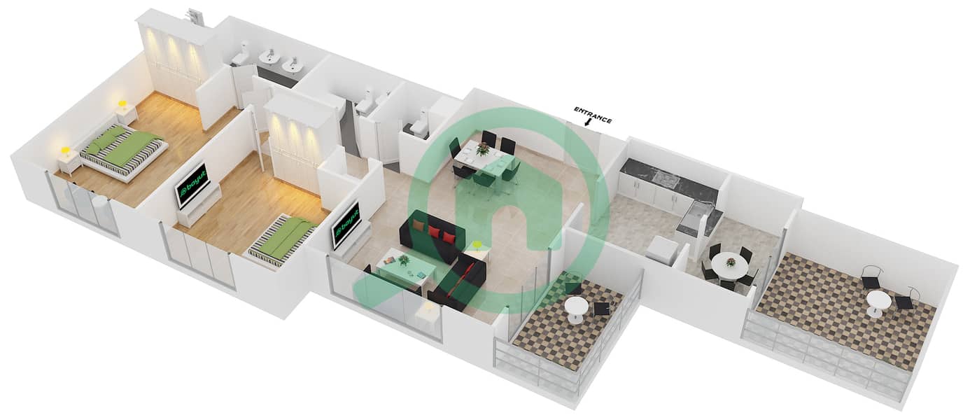 المخططات الطابقية لتصميم التصميم 7 FLOOR 3 شقة 2 غرفة نوم - أبراج كلارين 1 interactive3D