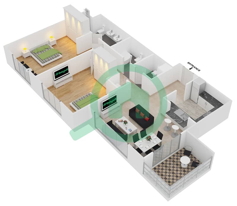 المخططات الطابقية لتصميم التصميم 8 FLOOR 4-16 شقة 2 غرفة نوم - أبراج كلارين 1 interactive3D