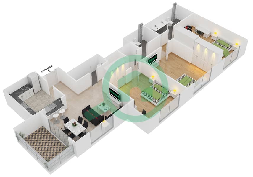 克拉伦1号大厦 - 3 卧室公寓套房1 FLOOR 17戶型图 interactive3D