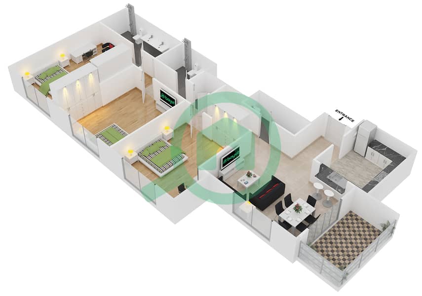 克拉伦1号大厦 - 3 卧室公寓套房3 FLOOR 17戶型图 interactive3D