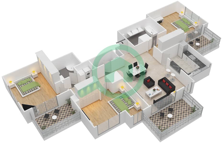 Кларен Тауэр 1 - Апартамент 3 Cпальни планировка Гарнитур, анфилиада комнат, апартаменты, подходящий 4 FLOOR 17 interactive3D