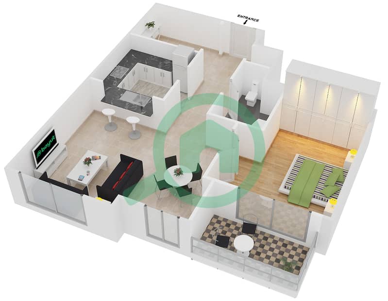 克拉伦1号大厦 - 1 卧室公寓套房6 FLOOR 4-16戶型图 interactive3D