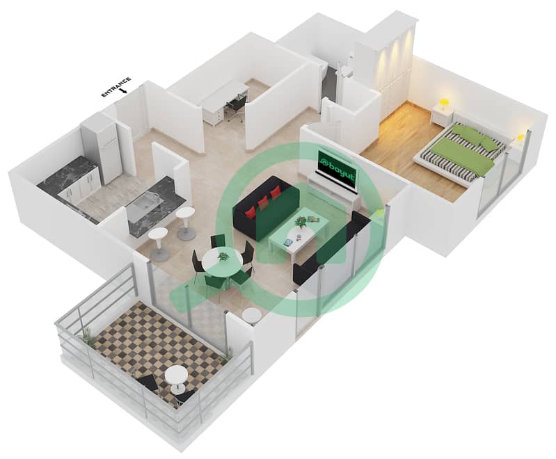 Кларен Тауэр 1 - Апартамент 1 Спальня планировка Гарнитур, анфилиада комнат, апартаменты, подходящий 1 FLOOR 3-16 interactive3D