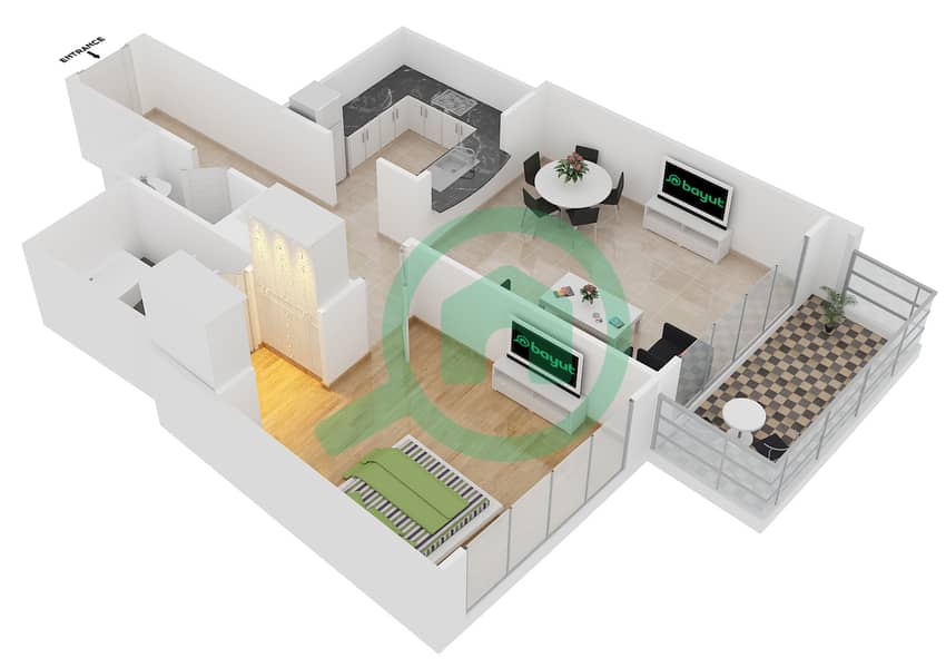 المخططات الطابقية لتصميم التصميم 1 FLOOR 2-4 شقة 1 غرفة نوم - برج ستاند بوينت 1 interactive3D