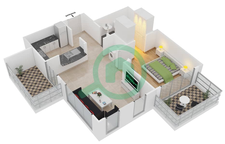 المخططات الطابقية لتصميم التصميم 7 FLOOR 25 شقة 1 غرفة نوم - برج ستاند بوينت 1 interactive3D