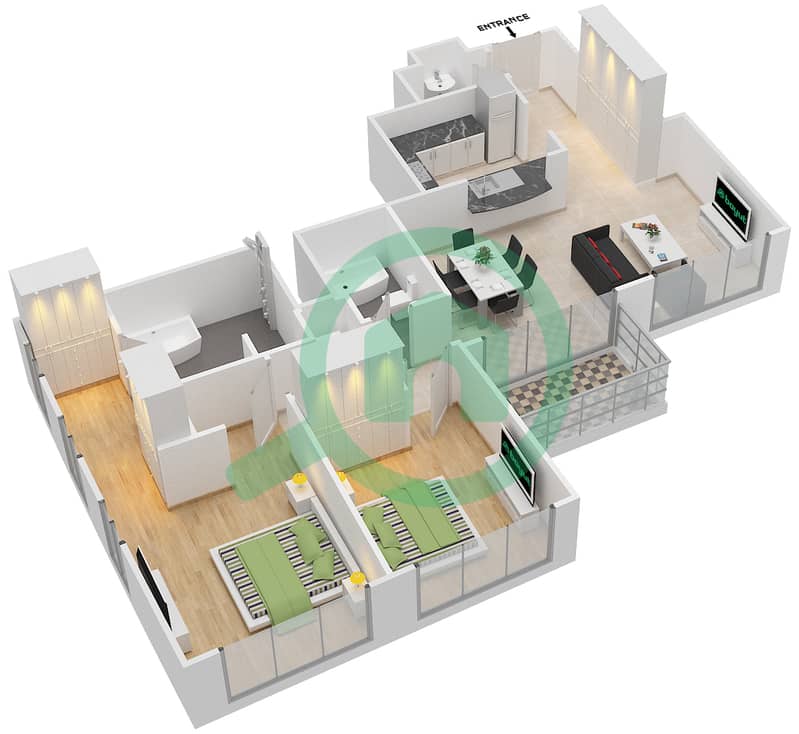 驻足1号大厦 - 2 卧室公寓套房10 FLOOR 5-21戶型图 interactive3D