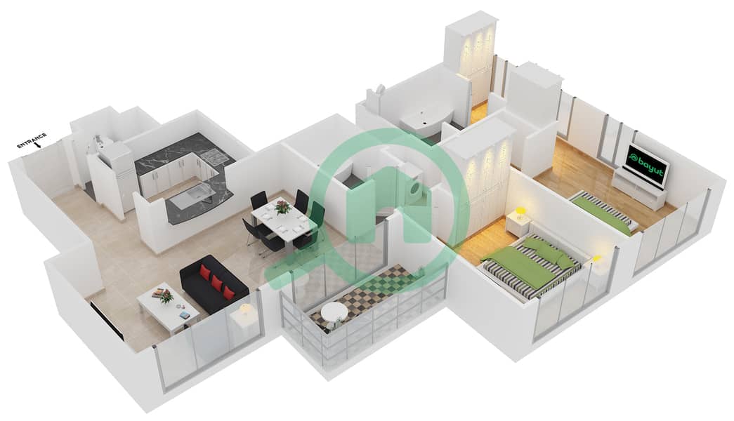 المخططات الطابقية لتصميم التصميم 4 FLOOR 6-21 شقة 2 غرفة نوم - برج ستاند بوينت 1 interactive3D