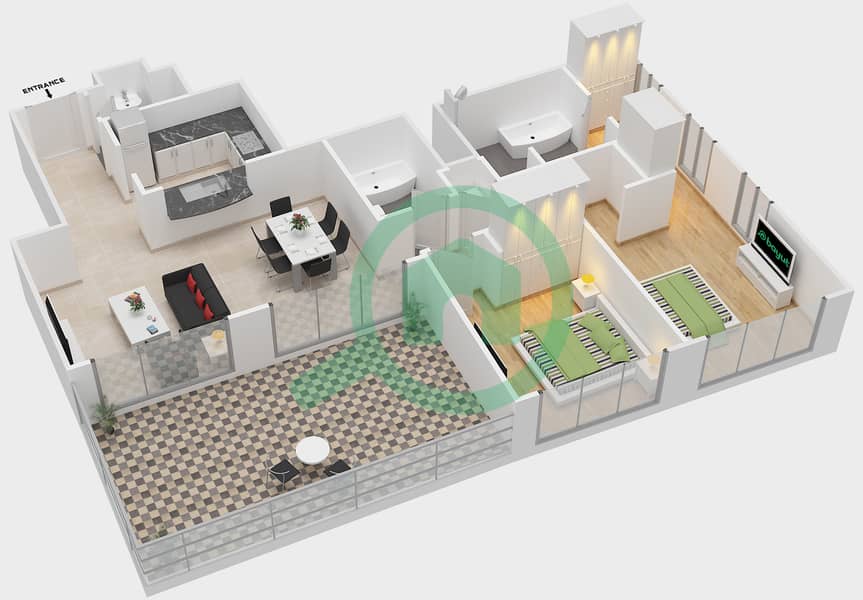 驻足1号大厦 - 2 卧室公寓套房4  FLOOR 5戶型图 interactive3D