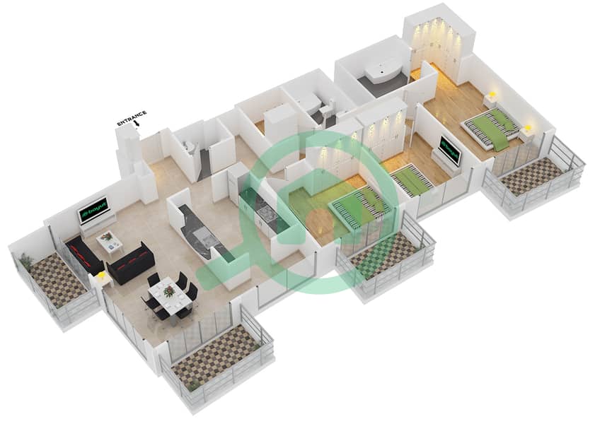 المخططات الطابقية لتصميم التصميم 5 FLOOR 27 شقة 3 غرف نوم - برج ستاند بوينت 1 interactive3D