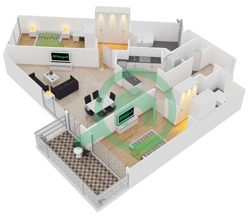 Royal Amwaj Residences - 2 Bedroom Apartment Type D3/FLOOR 2-7 Floor plan Floor 2-7 interactive3D