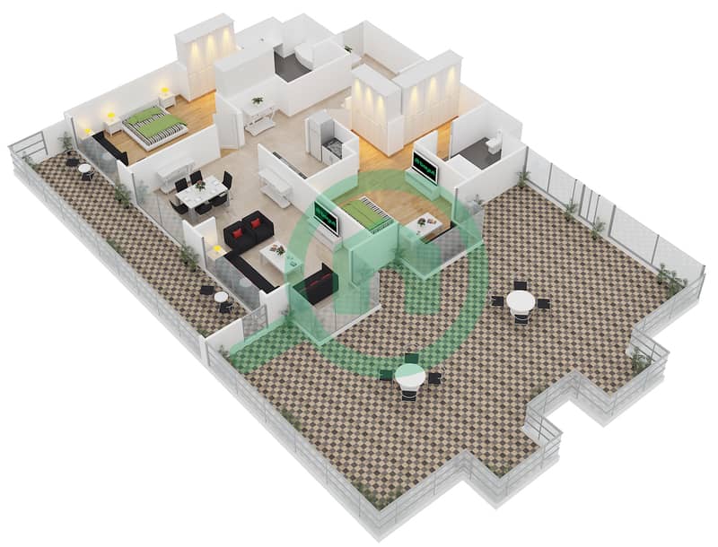 Royal Amwaj Residences - 2 Bedroom Apartment Type D2/FLOOR 4-7 Floor plan Floor 4-7 interactive3D
