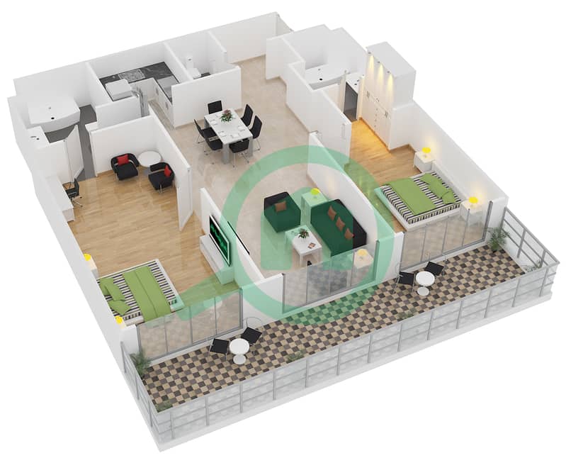 المخططات الطابقية لتصميم النموذج 2B/FLOOR 1-7 شقة 2 غرفة نوم - مساكن أمواج الملكية Floor 1-7 interactive3D