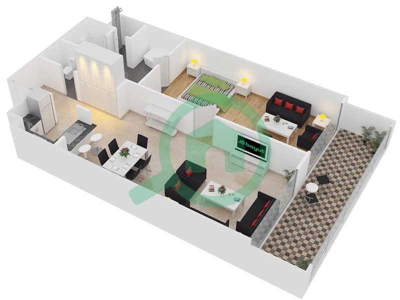 المخططات الطابقية لتصميم النموذج 1B/FLOOR 1-7 شقة 1 غرفة نوم - مساكن أمواج الملكية Floor 1-7 interactive3D