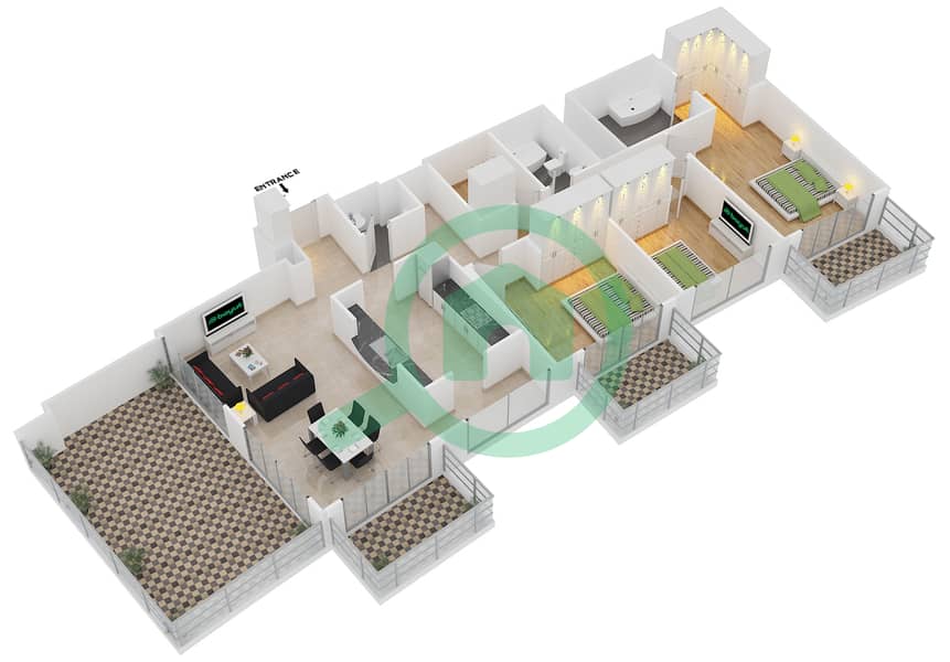 المخططات الطابقية لتصميم التصميم 5 FLOOR 26 شقة 3 غرف نوم - برج ستاند بوينت 1 interactive3D