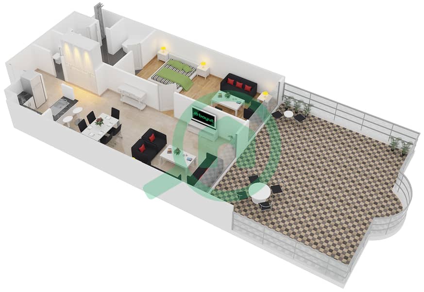 المخططات الطابقية لتصميم النموذج 1A/GROUND FLOOR شقة 1 غرفة نوم - مساكن أمواج الملكية Ground Floor interactive3D