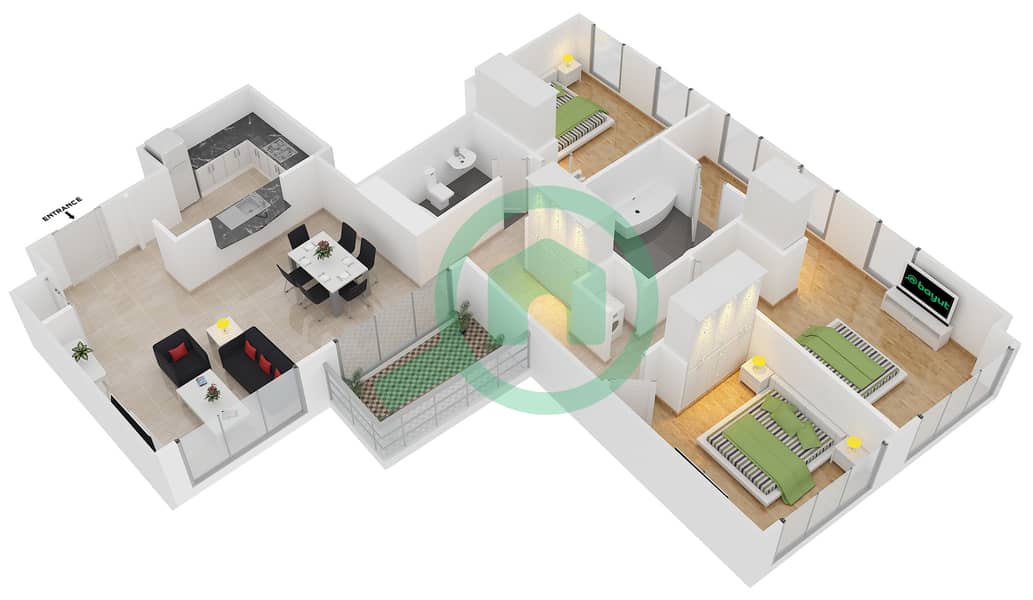 المخططات الطابقية لتصميم التصميم 3 FLOOR 25 شقة 3 غرف نوم - برج ستاند بوينت 1 interactive3D