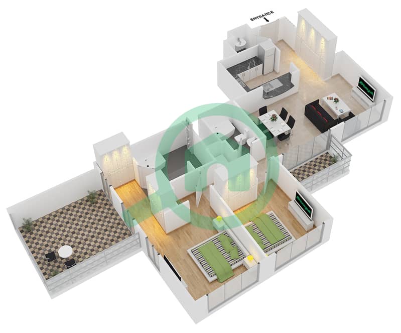 Стэндпоинт Тауэр 1 - Апартамент 2 Cпальни планировка Гарнитур, анфилиада комнат, апартаменты, подходящий 13 FLOOR 1 interactive3D