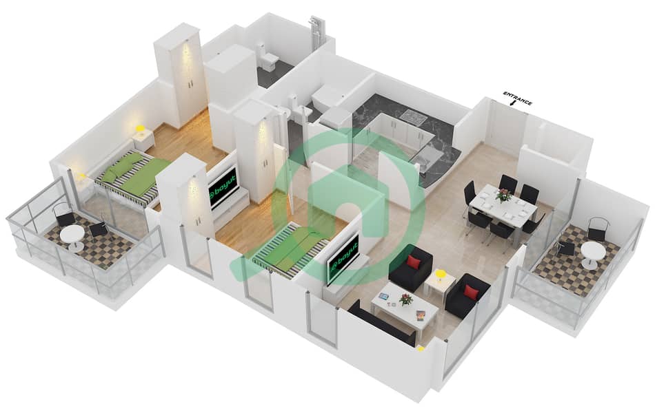 驻足1号大厦 - 2 卧室公寓套房5 FLOOR 23戶型图 interactive3D