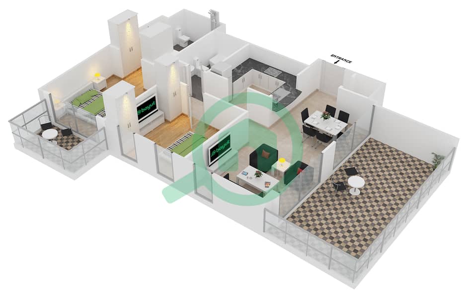 驻足1号大厦 - 2 卧室公寓套房5 FLOOR 22戶型图 interactive3D
