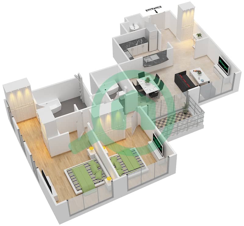 المخططات الطابقية لتصميم التصميم 9 FLOOR 22-23 شقة 2 غرفة نوم - برج ستاند بوينت 1 interactive3D