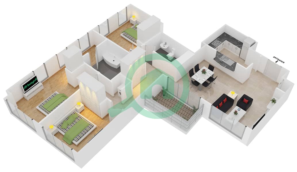 驻足1号大厦 - 3 卧室公寓套房8 FLOOR 25戶型图 interactive3D