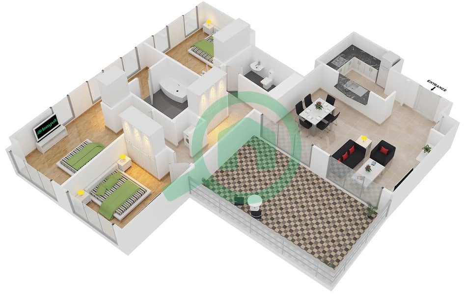 Стэндпоинт Тауэр 1 - Апартамент 3 Cпальни планировка Гарнитур, анфилиада комнат, апартаменты, подходящий 8 FLOOR 24 interactive3D