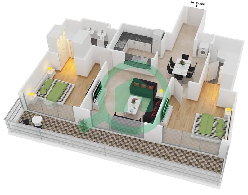 المخططات الطابقية لتصميم التصميم 16 FLOOR 1 شقة 2 غرفة نوم - برج ستاند بوينت 1 interactive3D