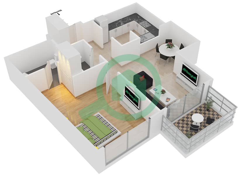 المخططات الطابقية لتصميم التصميم 7 FLOOR 22-23 شقة 1 غرفة نوم - برج ستاند بوينت 1 interactive3D